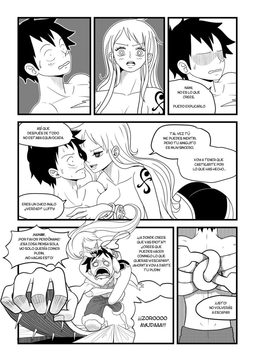 1boy 1girls black_and_white comic comic_page elizagmfn female greyscale male monkey_d_luffy nami one_piece spanish_dialogue spanish_text text topless topless_female