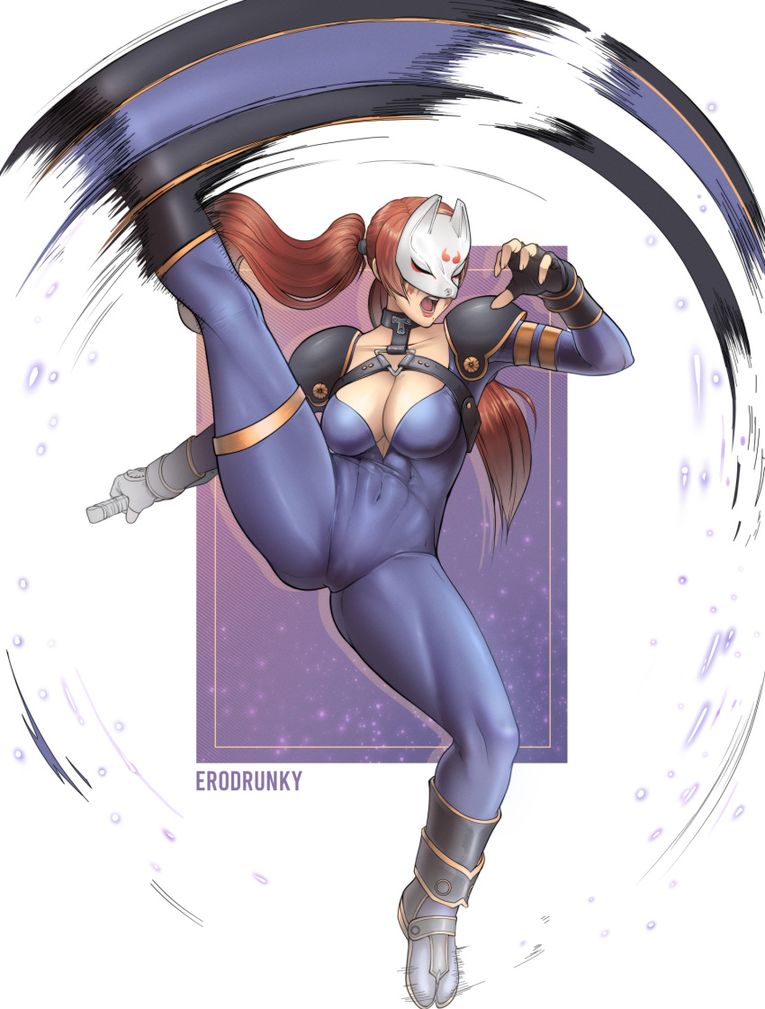 abs_visible_through_clothing alluring athletic_female black_fingerless_gloves black_gloves black_pauldron blue_body bodysuit boob_window cleavage erodrunky face_scar female female_abs fighting fingerless_gloves fit_female genocide_cutter_pose half_mask harness high_kick holding_knife holding_weapon kick kicking kitsune_mask kunimitsu kunoichi milf namco navel_line ninja open_mouth pauldrons red_hair scar_on_face shoulder_armor solo solo_female tekken tekken_1 tekken_2 tekken_tag_tournament tekken_tag_tournament_2 thigh_strap tight_clothing twintails