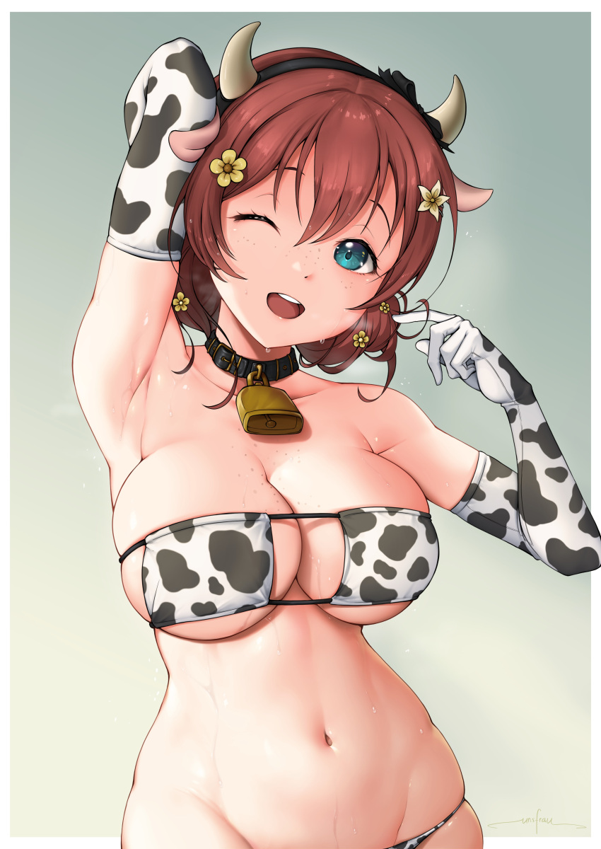 ;d absurdres animal_collar animal_ears animal_print aqua_eyes arm_behind_head arm_up armpits artist_name bangs bare_shoulders bell bikini black_bow black_collar black_hairband border bow bow_hairband breasts chinese_zodiac cleavage collar collarbone cow_ears cow_horns cow_print cowbell elbow_gloves emma_verde eyepatch_bikini fake_animal_ears fake_horns female female flower freckles gloves gradient gradient_background green_background groin hair_between_eyes hair_flower hair_ornament hairband hairbow hand_up head_tilt highres horns large_breasts looking_at_viewer love_live! love_live!_nijigasaki_high_school_idol_club navel neck_bell one_eye_closed open_mouth outside_border print_bikini print_gloves red_hair shiny shiny_hair shiny_skin short_hair signature skindentation smile solo standing stomach sweat swimsuit teeth unsfrau upper_body upper_teeth white_border year_of_the_ox yellow_flower