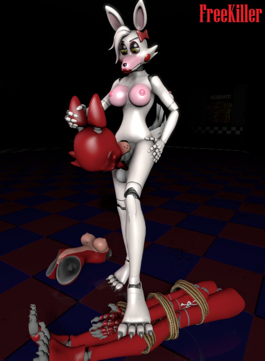 3d amputee anthro blowjob dark_environment five_nights_at_freddy's fox foxy_(fnaf) freekiller furry futanari holding_head mangle_(fnaf) severed_head tied_limbs wet