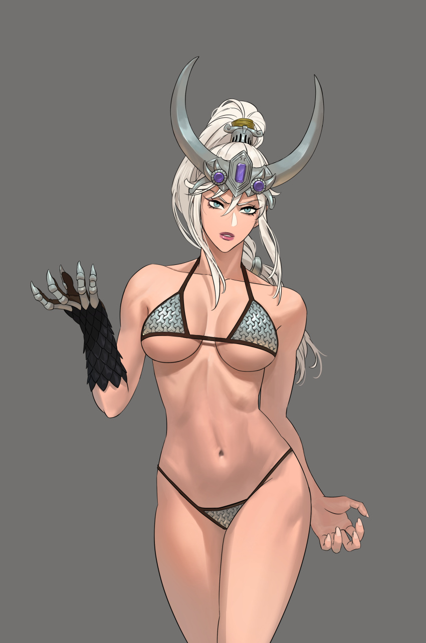 1girls bikini breasts female female_only grey_eyes light-skinned_female looking_at_viewer miao_ying revealing_clothes smokedpaprika solo solo_female warhammer_(franchise) warhammer_fantasy white_hair