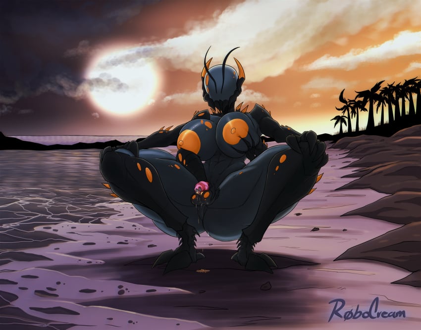 1futa balls beach beach_background big_areola big_breasts blue_body blue_skin breasts bug detailed_background full_body futa_only futanari humanoid humanoid_penis insect_girl insect_humanoid insects only_female open_legs precum precum_drip precum_on_penis robocream small_penis small_penis_humiliation solo squatting sunset thick_ass thick_thighs thighhighs thighs