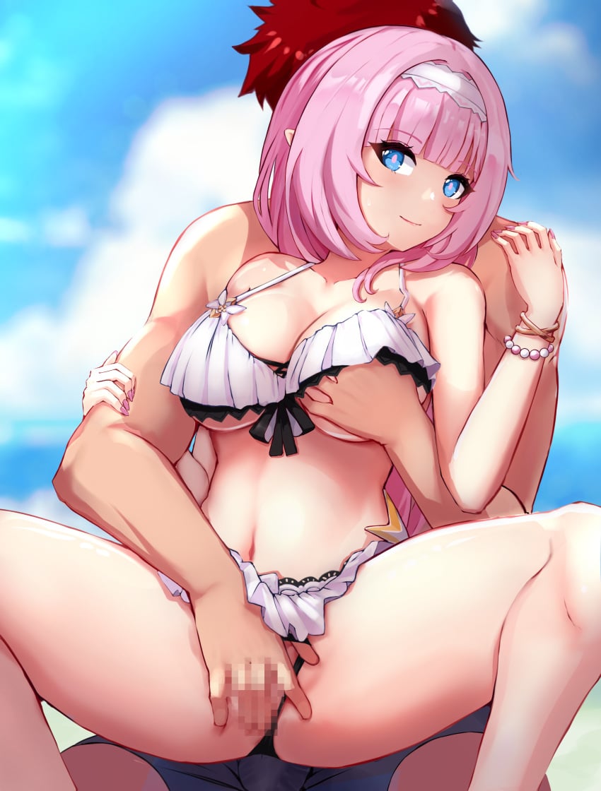 1boy absurdres bangs bare_legs bare_shoulders beach bead_bracelet beads bikini bikini_aside blue_eyes blunt_bangs bracelet breast_grab breasts captain_(honkai_impact) censored cleavage closed_mouth clothing_aside collarbone elf elysia_(honkai_impact) elysia_(miss_pink_elf) faceless faceless_male female fingering frilled_bikini frills grabbing hairband highres honkai_(series) honkai_impact_3rd jewelry lace-trimmed_bikini lace_trim large_breasts long_hair looking_at_viewer mosaic_censoring navel pink_hair pink_nails pink_pupils pointy_ears sitting sky slash-ex smile spread_legs swimsuit thick_eyelashes underboob