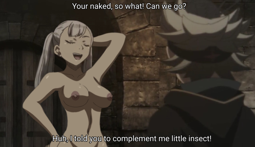 1boy 1girls asta_(black_clover) black_bulls_uniform black_clover blonde_female dialogue edit english_text jormungandr3 naked noelle_silva nude_edit nude_filter proud