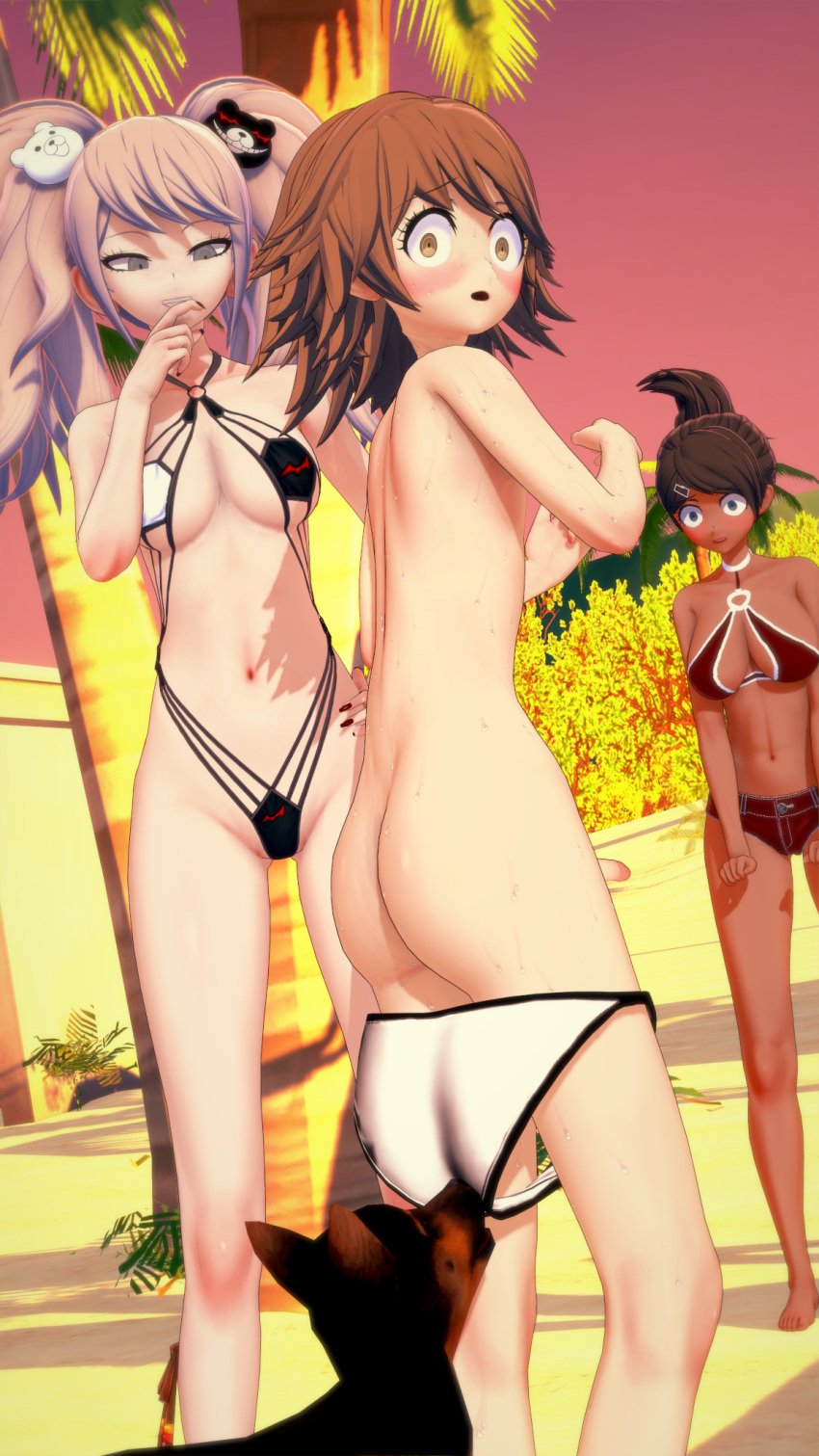 1boy 2girls 3d asahina_aoi ass assisted_exposure bikini_top blush breasts brown_hair canine cleavage clothed_female_nude_male danganronpa danganronpa:_trigger_happy_havoc danganronpa_1 domestic_dog embarrassed embarrassed_nude_femboy embarrassed_nude_male enm exposed_ass exposed_penis femboy fujisaki_chihiro hair_ornament hairclip hand_on_hip junko_enoshima koikatsu long_hair male multiple_females nail_polish navel nude painted_nails pants_down penis small_penis smug standing straight_hair swimsuit twintails ultimateenf wardrobe_malfunction wide_eyed