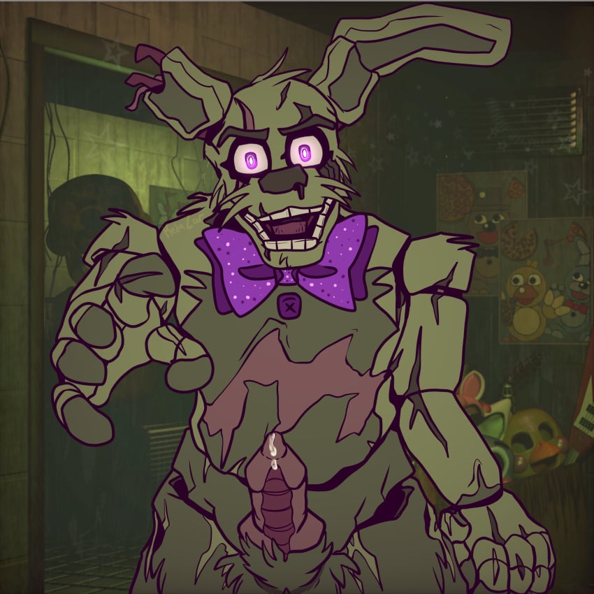 2022 5_fingers absurd_res animal_genitalia animal_penis animatronic anthro balls bodily_fluids bow_tie bow_tie_only canine_penis digital_media_(artwork) erection eye_scar eyebrows facial_scar fingers five_nights_at_freddy's five_nights_at_freddy's_3 fur genital_fluids genitals green_body green_fur hi_res inside kedazar knot lagomorph leporid looking_at_viewer machine male male_only mammal mostly_nude open_mouth penis precum purple_eyes rabbit reaching_towards_viewer robot scar scottgames sheath solo springtrap springtrap_(fnaf) teeth video_games