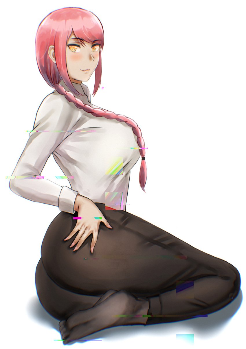 1girls ass ass_focus big_ass big_breasts black_pants blush bottomwear braid breasts chainsaw_man effects feet female female_only glitch_effect hand_on_ass legs looking_at_viewer makima_(chainsaw_man) pants red_hair shirt sideboob solo solo_female thick_thighs thighs topwear voidmakerz white_shirt yellow_eyes