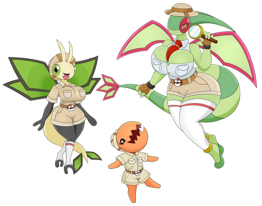 3girls anklet antennae anthro anthrofied belt big_breasts breasts cleavage dragon_wings evolution evolutionary_family excessive_cleavage eyelashes female flat_chest flat_chested flygon green_body green_eyes green_sclera green_skin insect_humanoid insect_wings khaki_shirt khaki_shorts khakis kneehighs kneesocks large_breasts magnifying_glass pith_helmet pockets pokeball pokemon pokemon_(species) pokemon_rse reptile shorts stockings thick_thighs thigh_highs thigh_socks thighhighs thighs tight_clothes tight_clothing tight_fit tight_shorts timer_ball trapinch tubetop urusee584 vibrava wide_hips wings