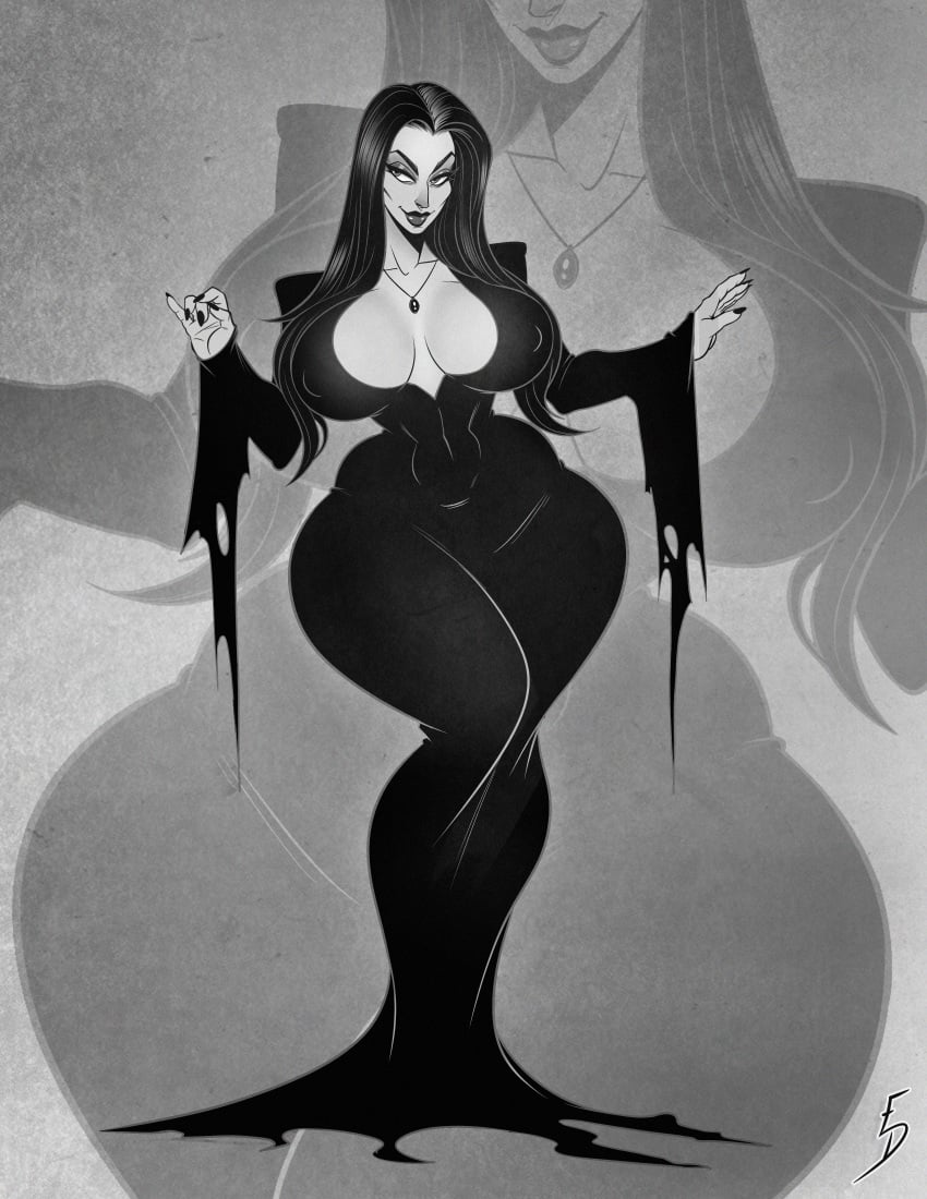 1girls 2022 aquiline_nose artist_signature big_breasts black_and_white black_hair black_nails breasts cheekbones cleavage curvaceous curvy curvy_figure eroseroticart female goth long_hair looking_aside milf monochrome morticia_addams necklace solo solo_female the_addams_family thick_thighs wide_hips