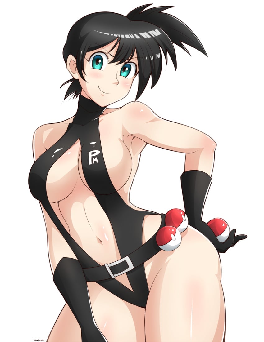 armpits asymmetrical_hair bangs bare_shoulders belt black_hair blush breasts center_opening clavicle cleavage clothing covered_collarbone curvaceous ear elbow_gloves female female_only fingerless_gloves game_freak gatuno gloves gradient gradient_background green_eyes gym_leader hair_bun halterneck hand_on_hip hand_on_own_hip hand_up high_resolution highleg highleg_swimsuit hips holding holding_object holding_poke_ball kasumi_(pokemon) looking_at_viewer medium_breasts misty_(the_electric_tale_of_pikachu) navel one-piece_swimsuit poke_ball pokemon pokemon_(anime) pokemon_(classic_anime) pokemon_(manga) ponytail shiny shiny_clothes shiny_hair short_hair side_ponytail signature simple_background sling_swimsuit smile solo swimsuit the_electric_tale_of_pikachu thighs tied_hair turtleneck