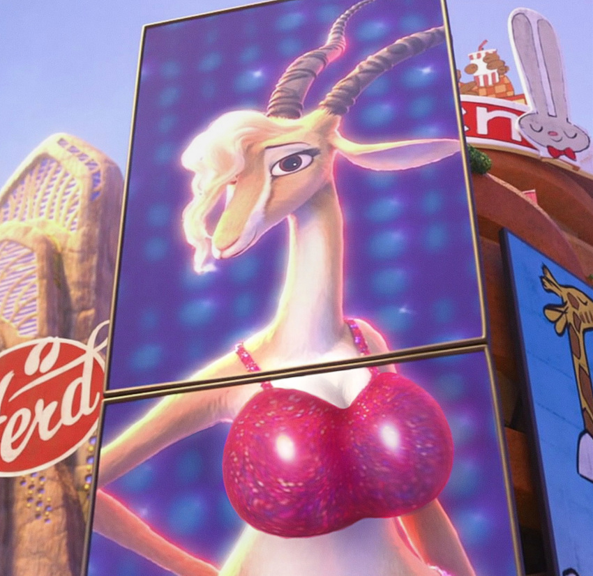 antelope bra breast_expansion breasts brown_eyes celebrity city clothed clothing edit edited furry gazelle gazelle_(zootopia) horns hyper large_breasts screen screencap screenshot screenshot_edit singer tank_top venjiiart zootopia