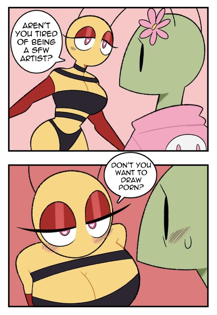 2koma antennae antennae_(anatomy) anthro are_you_tired bee bee_girl big_breasts blush breasts cleavage dialogue english_text flower flower_on_head half-closed_eyes heart-shaped_pupils honey_(idolomantises) idolomantises large_breasts lidded_eyes meme mothmilfs no_mouth papaya_(idolomantisies) speech_bubble sweatdrop tagme two_panel_image