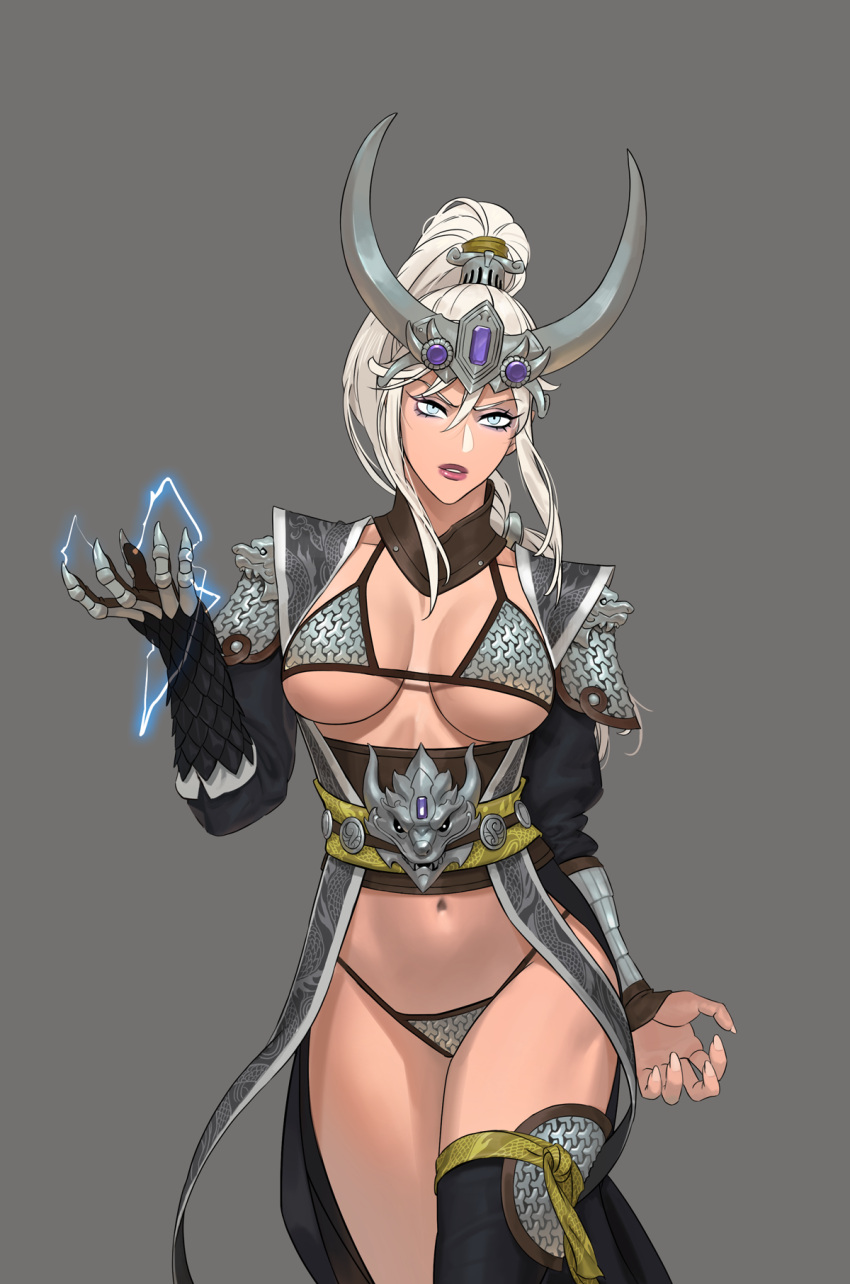 1girls bikini breasts female female_only grey_eyes light-skinned_female looking_at_viewer miao_ying revealing_clothes smokedpaprika solo solo_female warhammer_(franchise) warhammer_fantasy white_hair