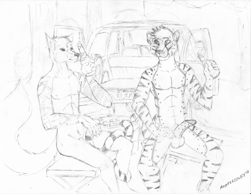 2010 anthro beer camping canine cheeger cheetah feline fur furry furry_only furryskibum gay high_resolution interspecies male maverickcowboy no_humans penis tiger truck wolf woods