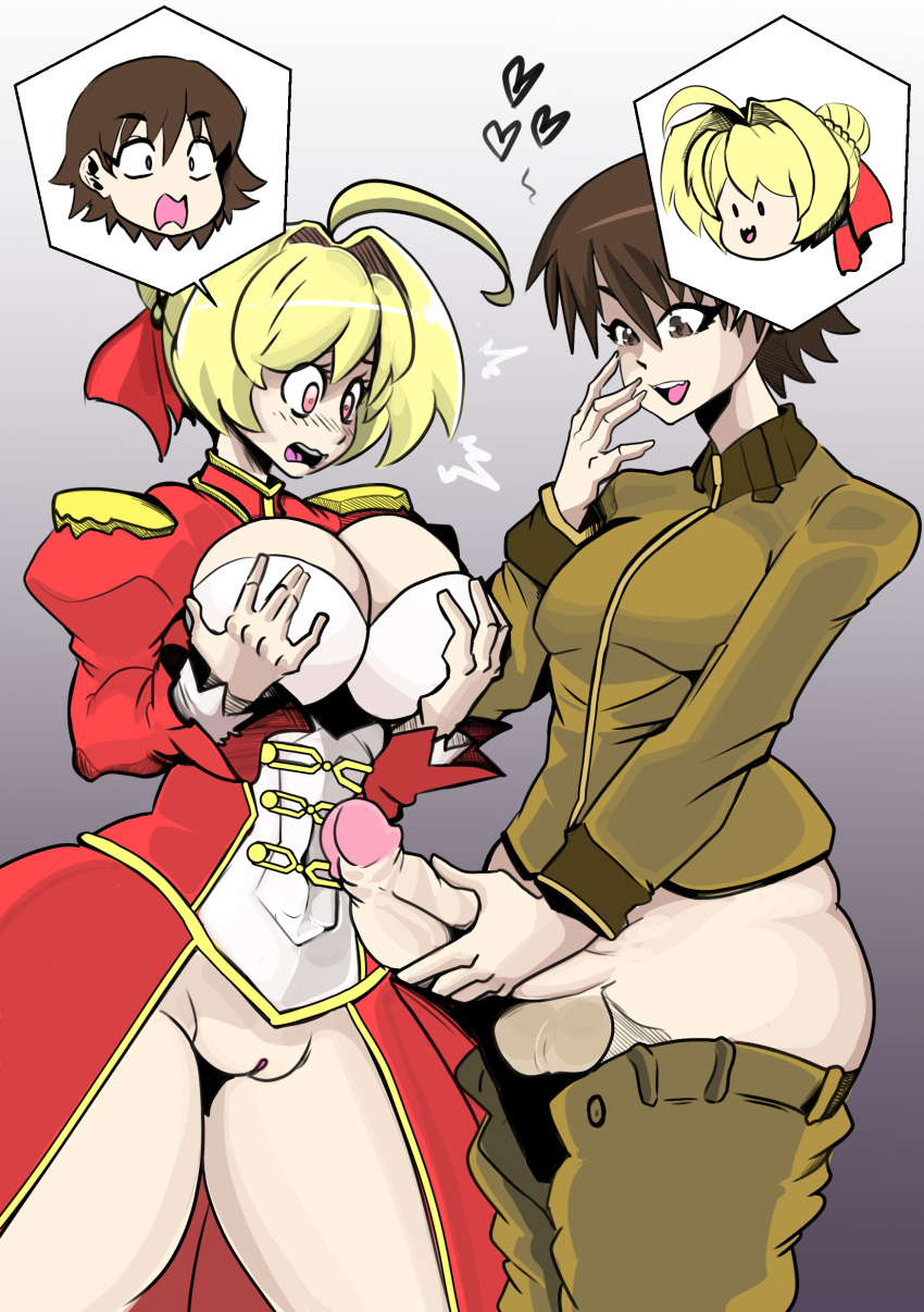 1boy big_penis blonde_hair body_swap brown_hair fate/extra fate/extra_ccc fate_(series) grabbing_own_breast hakuno_kishinami nero_claudius_(fate) onat onatart shocked