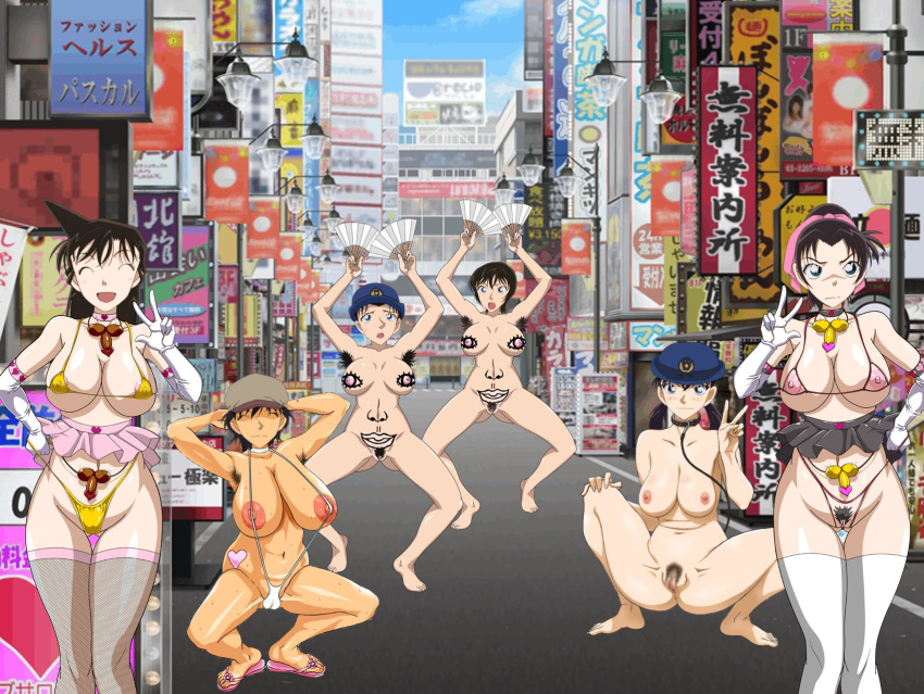 6girls armpit_hair artist_request black_hair blue_eyes breasts brown_hair cameltoe collar detective_conan edited exhibitionism fan female hair_ribbon hairy_armpits human kazuha_toyama leash light-skinned_female light_skin long_hair masumi_sera micro_bikini miwako_sato multiple_girls naeko_miike nude outdoors pale-skinned_female pale_skin police_hat policewoman pubic_hair public_nudity pussy ran_mouri skirt sling_bikini squatting street thick_thighs thighhighs tomboy twintails v wide_hips yumi_miyamoto