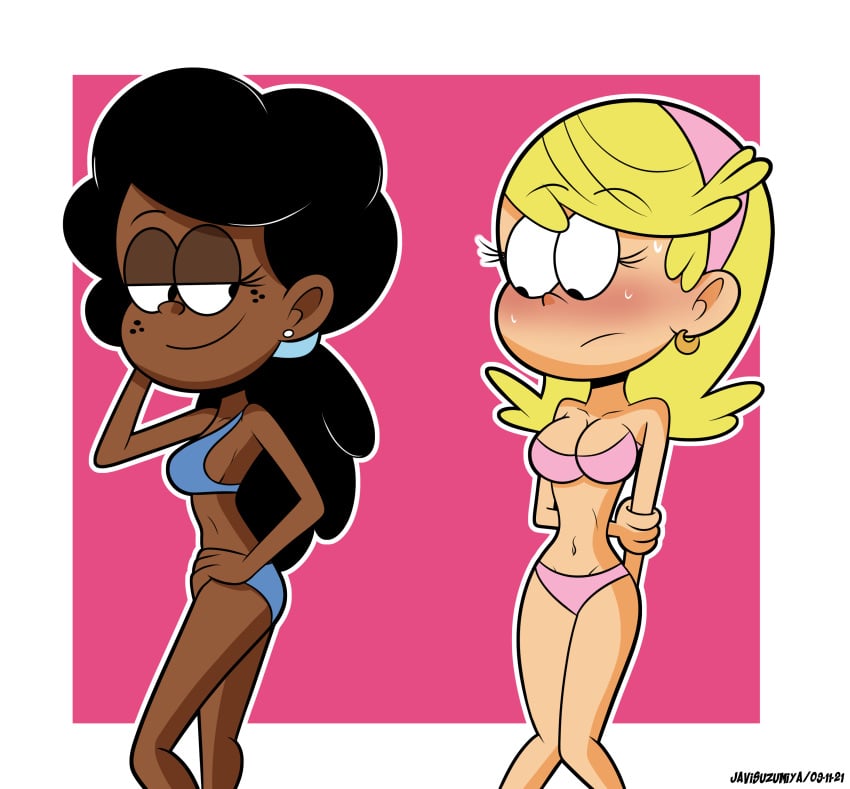 2girls aged_up blonde_female blonde_hair blush bra_and_panties cricket_van_doren dark-skinned_female half-closed_eyes hand_on_hip javisuzumiya knees_together_feet_apart lola_loud multiple_girls the_loud_house white_border yellow_hair