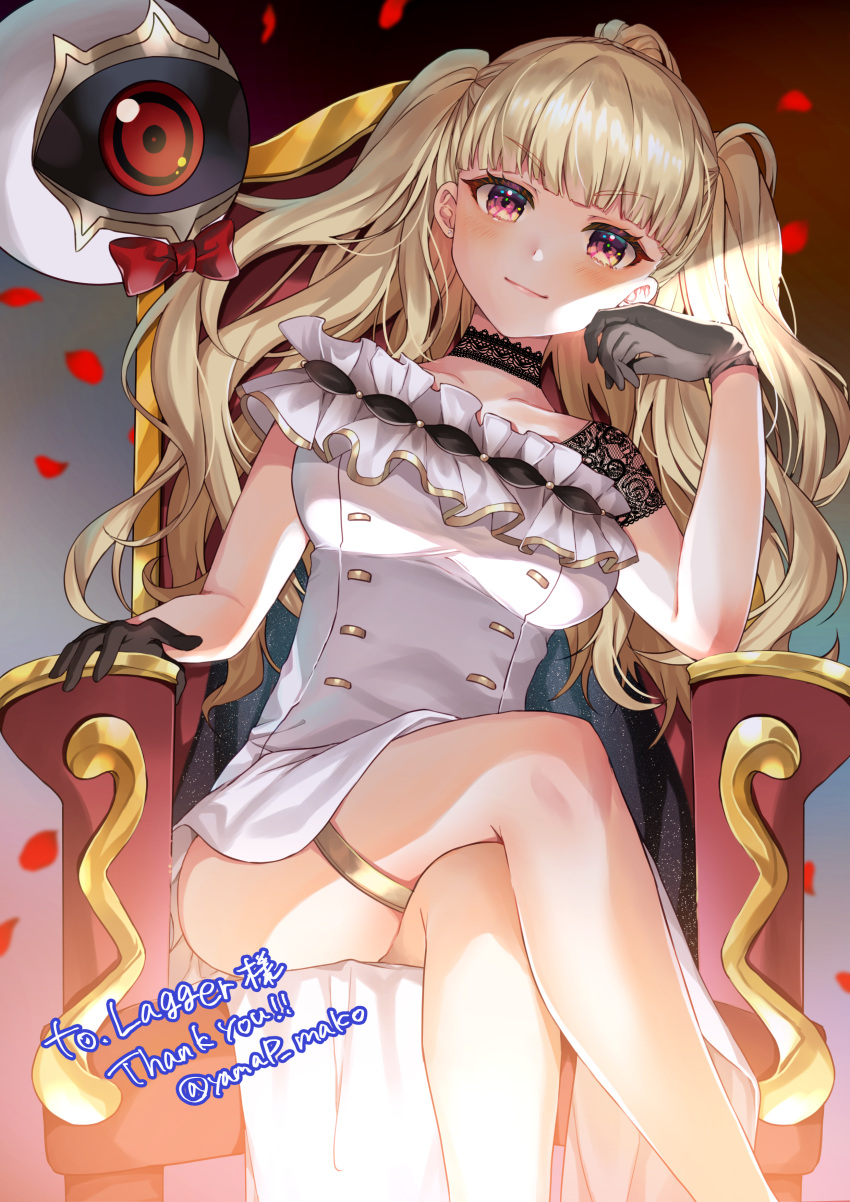 1girls absurdres alternate_costume bare_legs blonde_hair bow bowtie choker collarbone commentary_request commission crossed_legs dress earrings eitri_(fire_emblem) female female female_only fire_emblem fire_emblem_heroes from_below gloves highres jewelry lace lace_choker looking_at_viewer nintendo petals red_eyes rose_petals sitting skeb_commission solo thighs throne tri_tails yam_(yamap_mako)