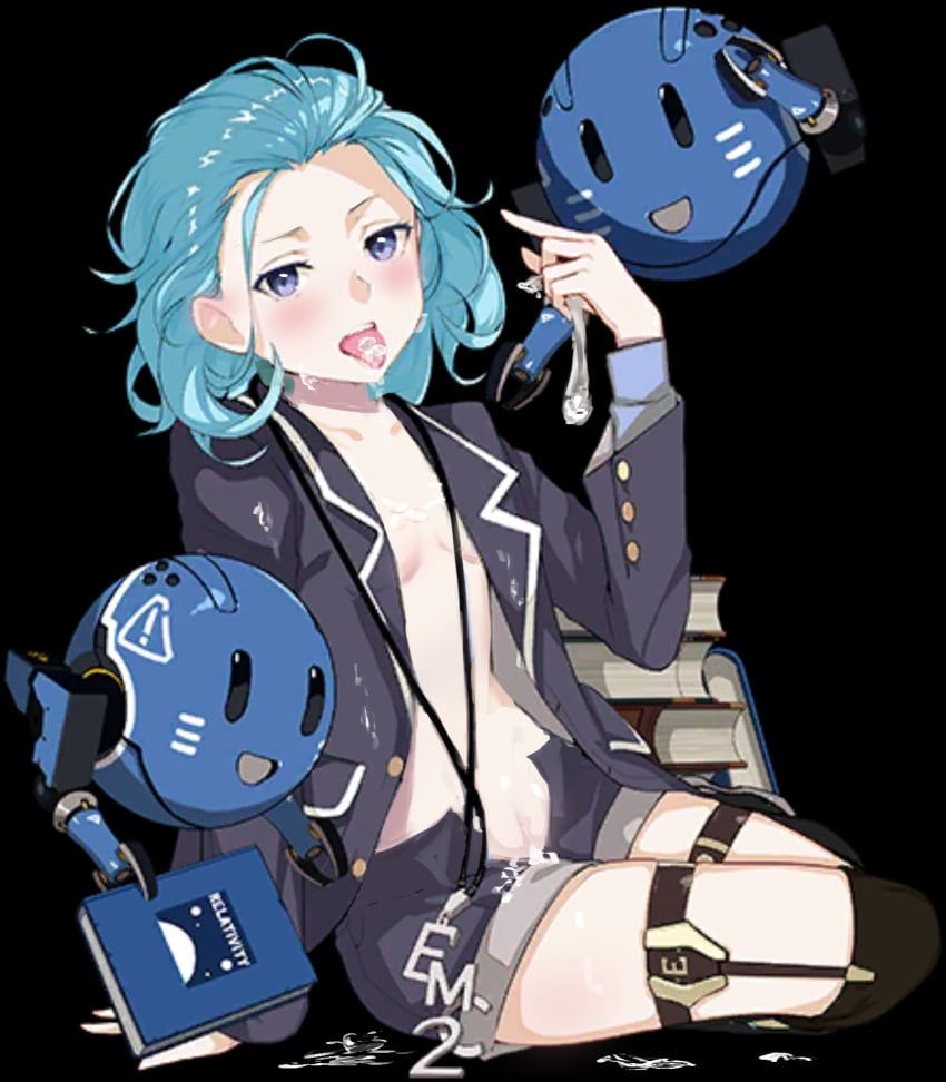 blue_hair condom_wrapper cum cum_in_mouth edit edited einstein exposed female female_only honkai_(series) honkai_impact_3rd lieserl_albert_einstein lowres robot