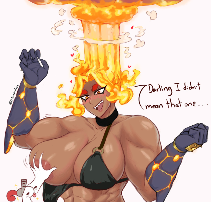 1boy 1girls 2022 abs biceps big_breasts blonde_female blonde_hair blush eljarochofeliz fire_hair flaming_hair gloves gold_hair grabbing_breasts muscular muscular_arm muscular_female orange_hair puppet_(eljarochofeliz) six_pack squeezing_breast surprised tagme titania_(eljarochofeliz) touching_breast yellow_hair