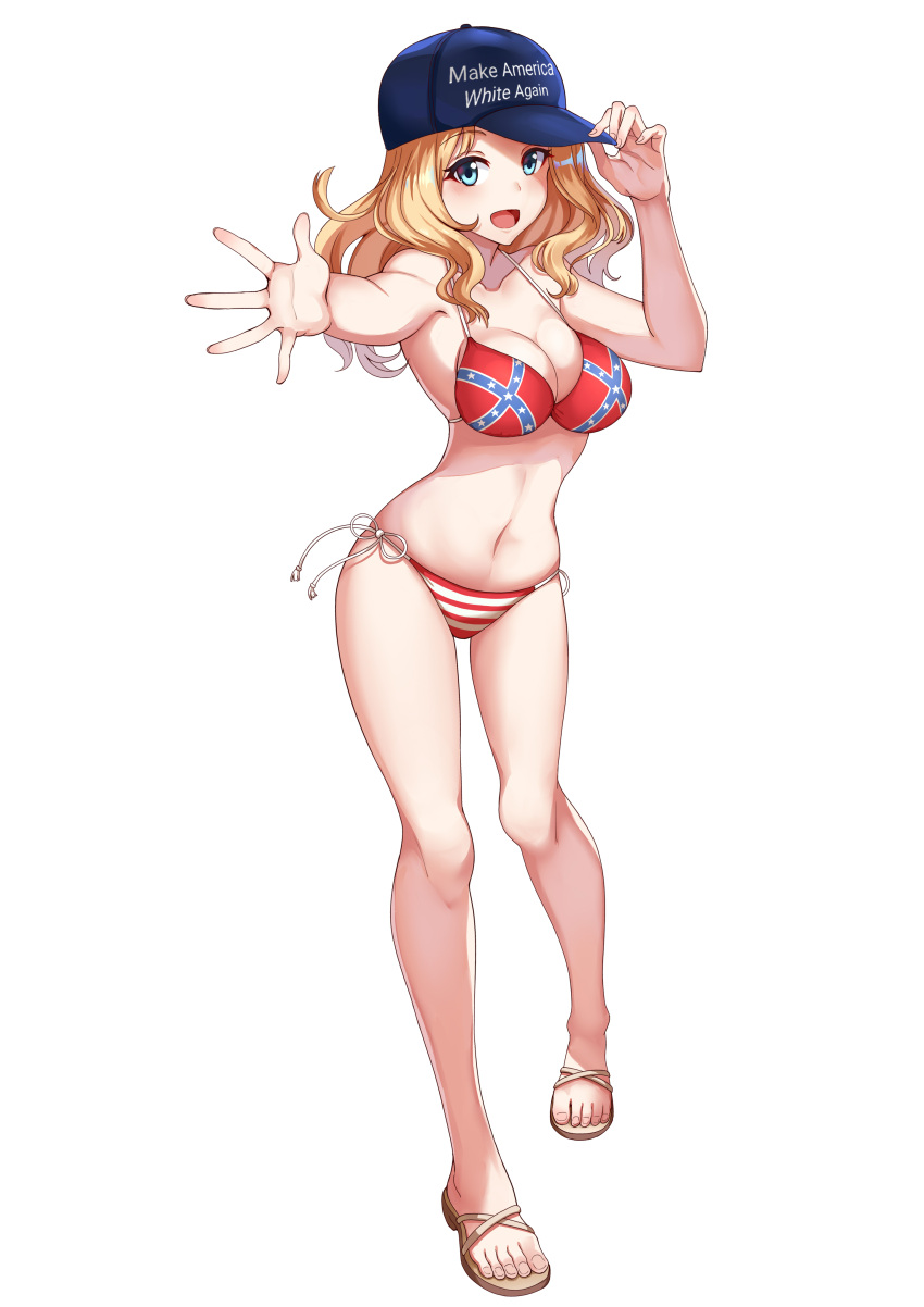 absurdres artist_request bangs baseball_cap bikini blonde_female blonde_hair blue_eyes breasts cap cleavage confederate_flag confederate_flag_bikini english_text farmgirl female flag_print full_body girls_und_panzer hand_on_headwear hat headwear_request highres kay_(girls_und_panzer) large_breasts looking_at_viewer medium_breasts midriff navel print_bikini racism racist sandals side-tie_bikini smile solo source_request southern swimsuit white_background