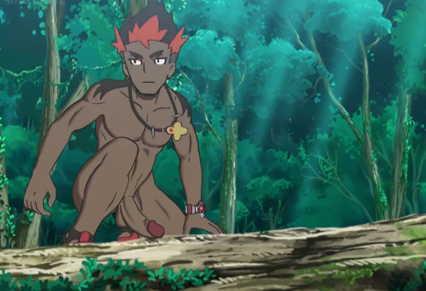 balls black_hair casual casual_nudity dark-skinned_male dark_skin edit edited editfag erection genitals human kiawe_(pokemon) male male_only neckwear nintendo nudist outdoors penis pokemon pokemon_(anime) pokemon_sm red_hair retracted_foreskin screencap screenshot screenshot_edit uncut unknown_artist wristwear