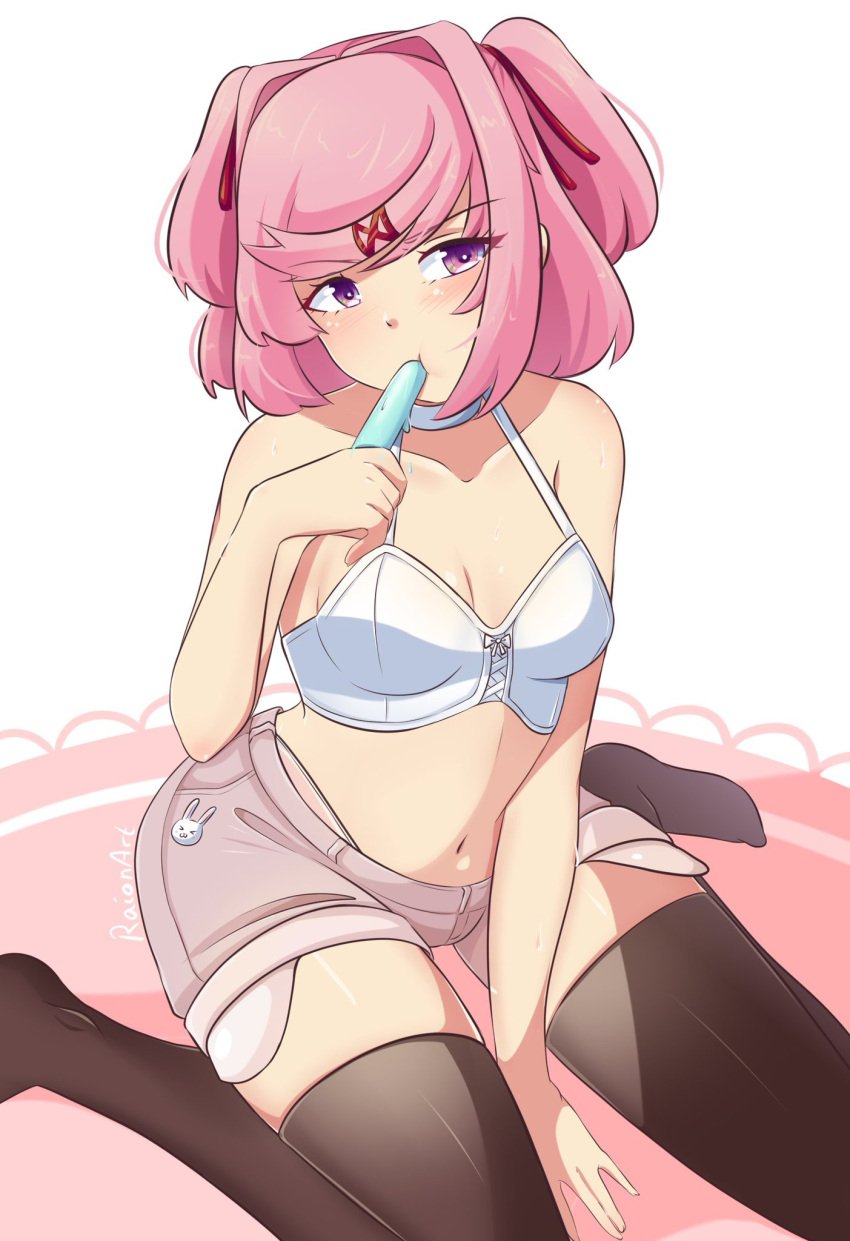 1girls bare_arms bare_midriff bare_shoulders black_thighhighs blush blush_lines bra cleavage clothed clothed_female doki_doki_literature_club female female_only food_play hair hair_ribbon half-closed_eyes half-dressed hand_between_legs icicle legs_apart narrowed_eyes natsuki_(doki_doki_literature_club) navel navel_line pink_eyes pink_hair pink_shorts popsicle popsicle_melting raionart red_ribbon seductive seductive_eyes seductive_look short_hair short_shorts shorts sitting small_breasts solo sucking sucking_popsicle sweat sweatdrop sweating sweaty sweaty_body sweaty_breasts sweaty_legs sweaty_thighs thick_thighs thighhighs thighs white_bra