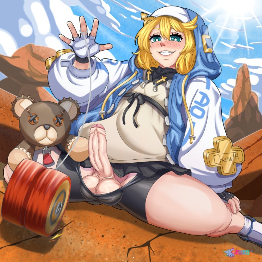 1boy balls blonde_hair blue_eyes bridget bridget_grin erection fingerless_gloves fully_clothed garuman22 gloves guilty_gear guilty_gear_strive male male_only penis shorts smile solo solo_male spandex_shorts spread_legs testicles thick_thighs tight_shorts yo-yo