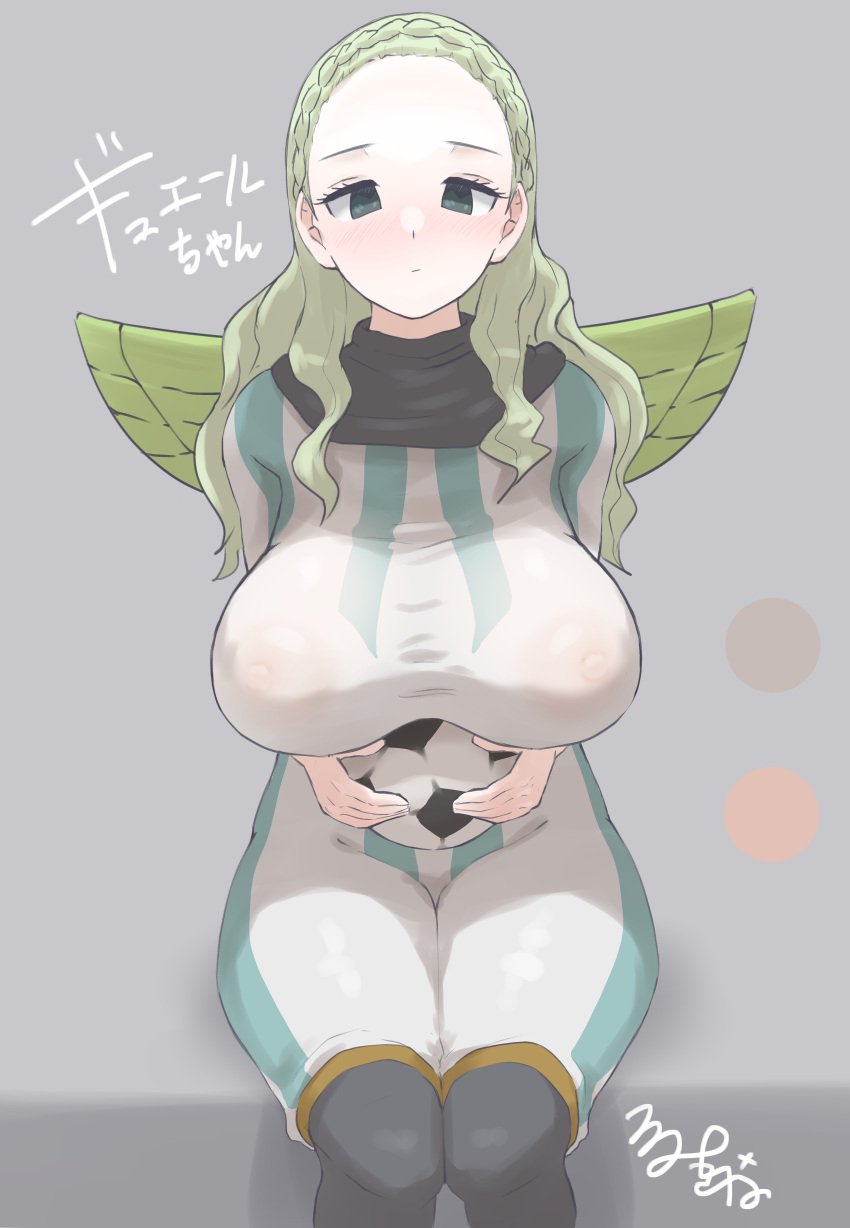 absurdres artist_signature ball big_breasts blush braid closed_mouth covered_nipples eyelashes female gaiel green_eyes green_hair grey_background guel highres holding holding_ball inazuma_eleven inazuma_eleven_(series) large_areolae light_green_hair long_hair looking_at_viewer mini_wings see-through signature simple_background sitting soccer_ball solo tsurumi_kazane wings