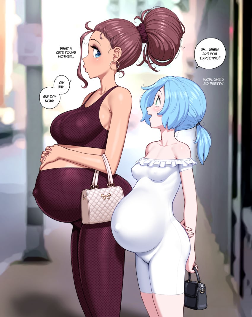 2girls alien_pregnancy asking_a_question bag belly belly_bulge belly_button belly_button_visible_through_clothing big_belly big_breasts blue_eyes blue_hair breasts brown_hair cleo_(fellatrix) creature_inside cum_plugged cute daisy_(fellatrix) daisy_steele dialogue english_text fellatrix female female_only fully_clothed green_eyes hair hair_bun handbag hands_on_belly huge_belly internal_monologue jumpsuit large_breasts maroon_clothing not_pregnant_just_cumflated original outdoors outside pants pregnant purple_clothing ready_to_pop road short_hair short_hair_female standing strapless street talking talking_to_another text text_bubble tied_hair white_clothing white_jumpsuit