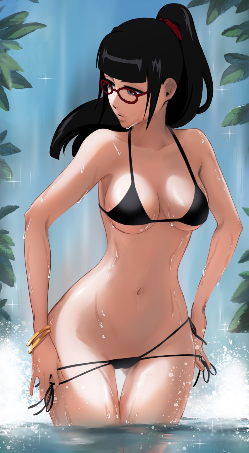 1girls alternate_hairstyle bare_arms bare_legs bare_shoulders bare_thighs bikini black_hair bleach blunt_bangs bracelet breasts curvy female female_only glasses gold_jewelry lisa_yadomaru nature outdoors ponytail pussy revealing_swimsuit rozuberry shaved_pussy sidelocks skimpy skimpy_bikini solo solo_female solo_focus swimming swimsuit taking_clothes_off tied_hair undressing undressing_self water waterfall wet yadoumaru_lisa