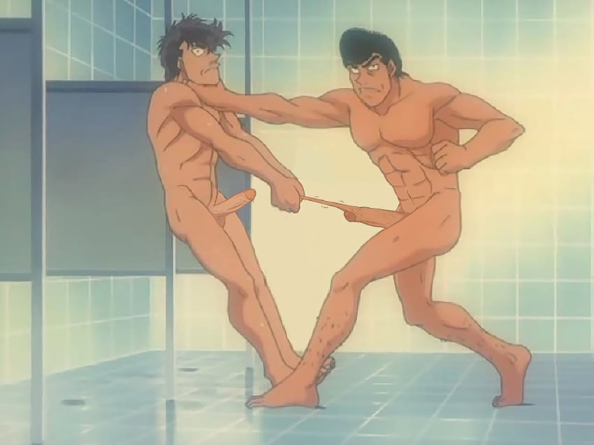 2boys abs balls ballsack bathroom black_hair brown_hair cartoony duo edit edited editfag erection foreskin foreskin_folds foreskin_pull gay genitals hajime_no_ippo human intact long_foreskin loose_foreskin male male/male male_only mamoru_takamura masculine muscles muscular_male nude_male pecs penis penis_pull pulling retracted_foreskin screencap screenshot screenshot_edit scrotum shaved_crotch smooth_penis smooth_skinned_male takeshi_sendo testicles uncut yaoi