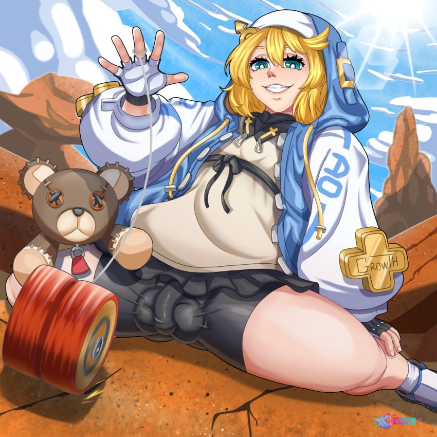 1boy backsack balls blonde_hair blue_eyes bridget bridget_grin bulge fingerless_gloves fully_clothed garuman22 gloves guilty_gear guilty_gear_strive male male_only penis penis_bulge shorts smile solo solo_male spandex_shorts spread_legs testicles thick_thighs tight_shorts yo-yo