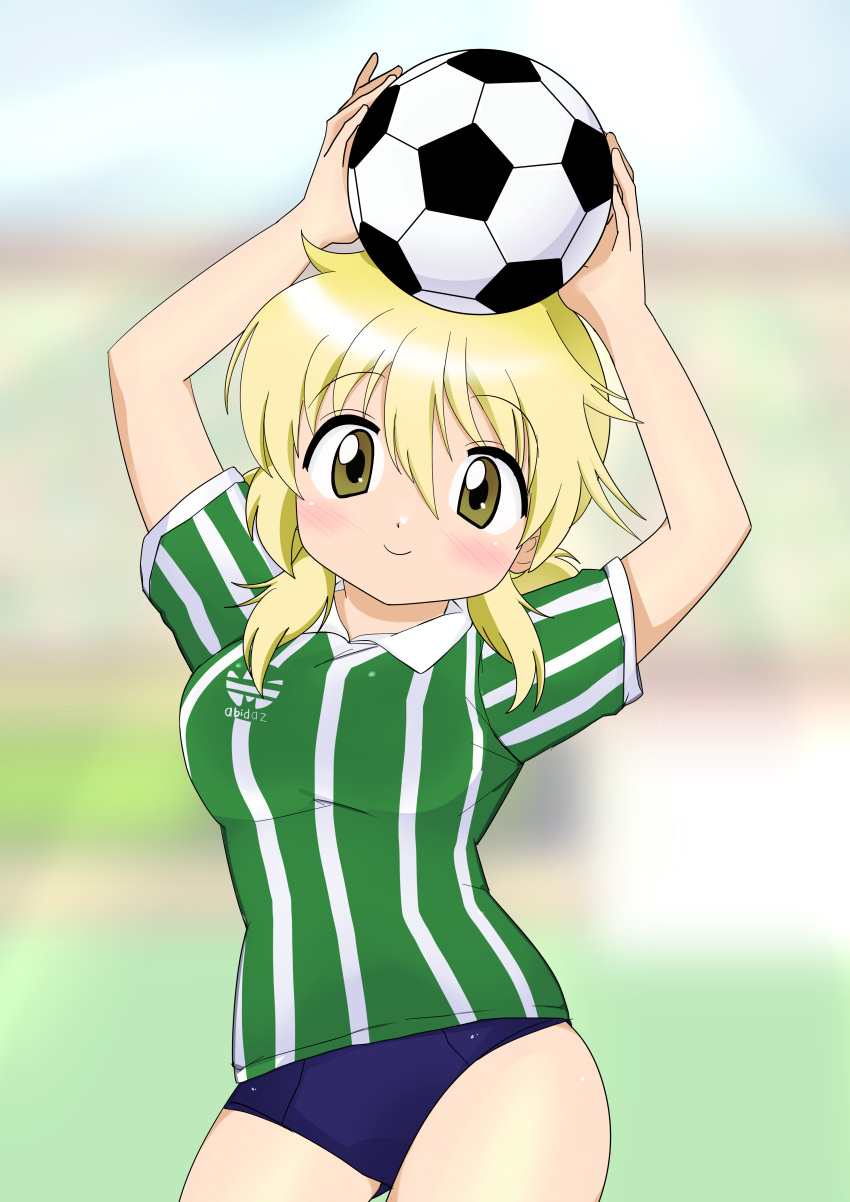 arms_up ball blonde_hair blush buruma dard_drak female hidamari_sketch long_hair looking_at_viewer miyako palmeiras smile soccer soccer_ball soccer_uniform solo sportswear