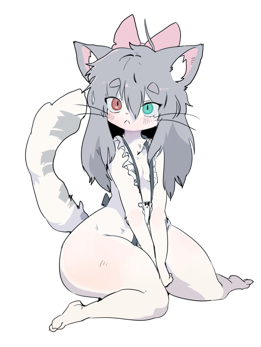 1girls anthro blush cat_ears cat_tail domestic_cat feline female female_only fur furry furry_only green_eyes grey_hair hair_ribbon heterochromia hi_res long_hair looking_at_viewer maid_bikini pasong red_eyes sitting sling_bikini slit_pupils small_breasts solo solo_female sona_(yuio) tail thick_thighs whiskers white_background white_fur wide_hips yuio_maid_dress