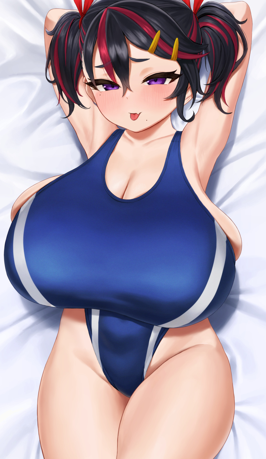 absurdres ariduka_formica armpits arms_behind_head black_hair breasts competition_swimsuit deka_(deka_4242) female hair_between_eyes hair_ornament hairclip highres huge_breasts mesugaki multicolored_hair oerba_yun_fang one-piece_swimsuit presenting_armpit purple_eyes shortstack skin_fang streaked_hair swimsuit tongue tongue_out twintails virtual_ant_channel virtual_youtuber