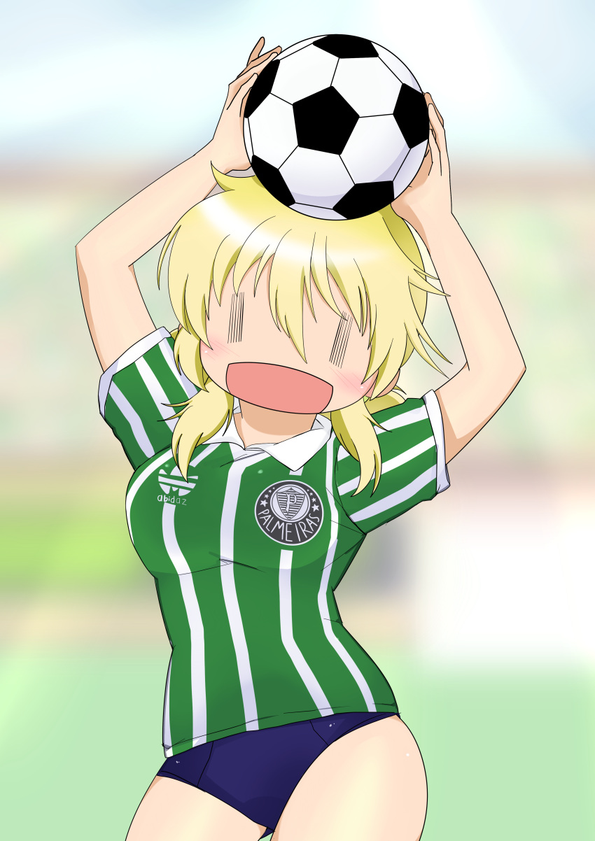 arms_up ball blonde_hair blush buruma dard_drak female hidamari_sketch long_hair looking_at_viewer miyako open_mouth palmeiras smile soccer soccer_ball soccer_uniform solo sportswear