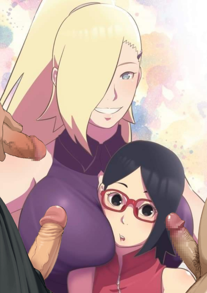 blush boruto:_naruto_next_generations breasts censored cleavage cute edit eeshin_(eishin5584) erection female group huge_breasts human ino_yamanaka male naruto penis sarada_uchiha unseen_male_face