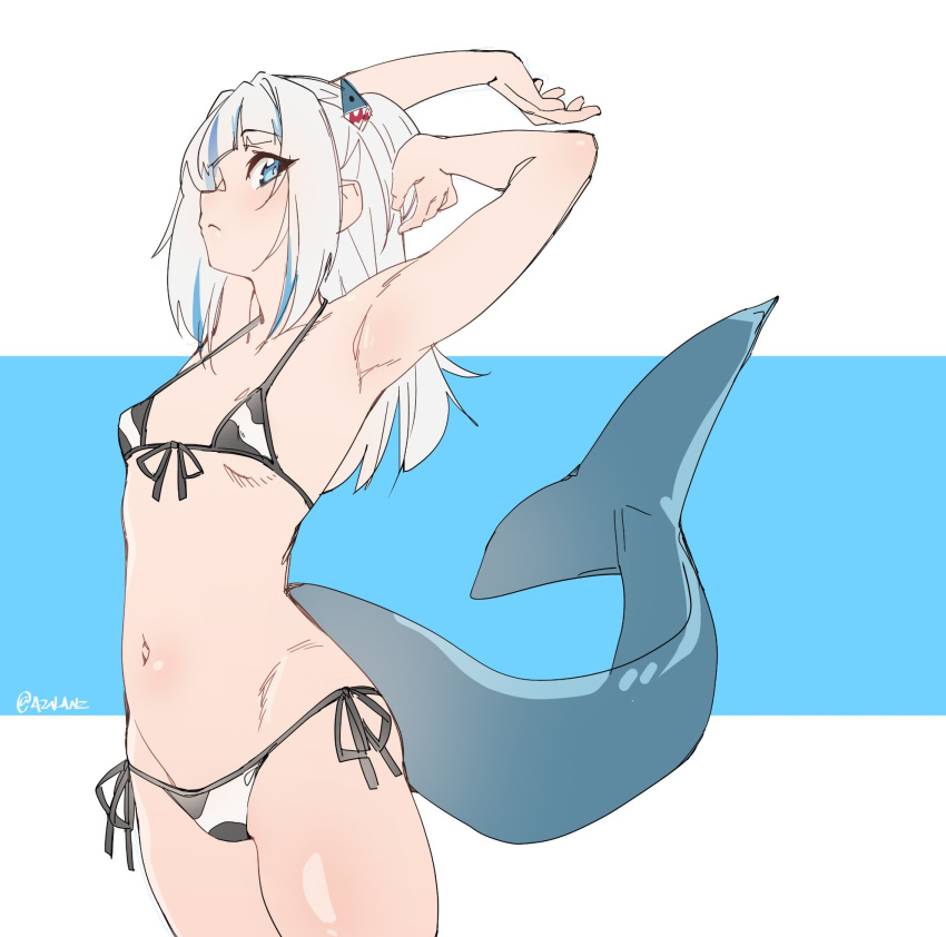 1girls armpits arms_behind_head azalanz bikini blue_hair cow_print female_only gawr_gura hololive hololive_english hololive_myth shark_girl shark_tail small_breasts tilt-shift tilt-shift_(azalanz) virtual_youtuber white_hair