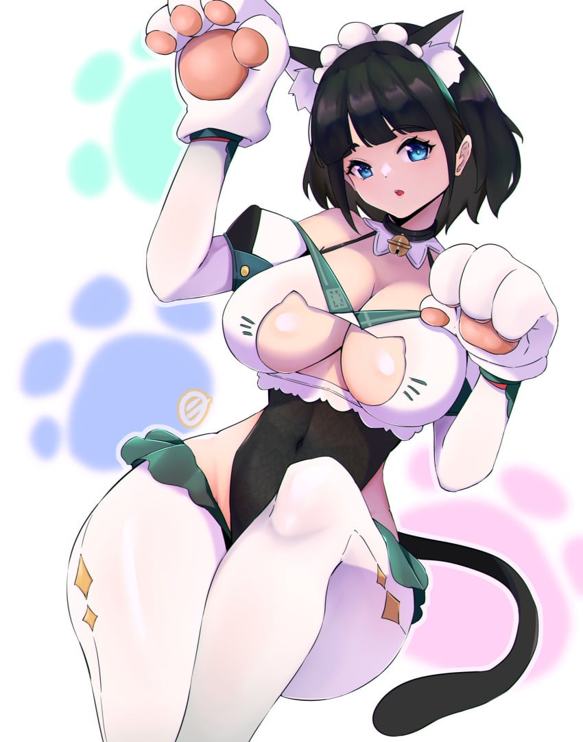 1girls big_breasts big_thighs black_hair blue_eyes breasts busty cat_ears cat_paws cat_tail catgirl female female_only genshin_impact huge_breasts huge_thighs jrpuls3 katheryne_(genshin_impact) large_breasts npc short_hair solo solo_female thick_thighs thighs voluptuous