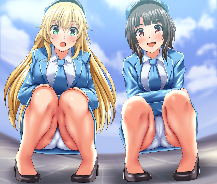 2022 2girls atago_(kantai_collection) black_hair blonde_female blonde_hair blush crossed_arms employee_uniform flight_attendant from_below green_eyes hands_on_knees heels high_heels kantai_collection long_hair looking_at_viewer necktie panties pantyshot pantyshot_(squatting) pencil_skirt red_eyes short_hair skirt smile squatting stewardess tagme takao_(kantai_collection) thighs uniform upskirt white_panties zanntetu