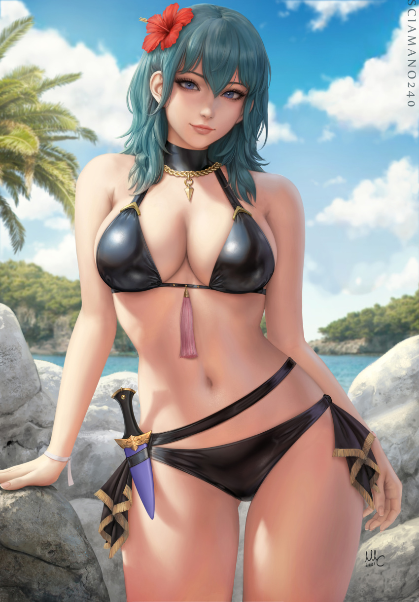 1girls 2020s 2021 absurd_res absurdres alternate_costume artist_name artist_signature ass_visible_through_thighs bangs_between_eyes big_breasts bikini black_bikini black_choker black_clothing black_swimsuit blue_eyes blue_hair blue_sky breasts byleth_(fire_emblem) byleth_(fire_emblem)_(female) byleth_(summer)_(fire_emblem)_(female) chain_necklace chains choker closed_mouth commentary dagger day english_commentary female female female_only fire_emblem fire_emblem:_three_houses fire_emblem_heroes flower flower_in_hair hair hair_between_eyes hair_flower hair_ornament hartman_hips hi_res high_resolution highres hourglass_figure knife lake large_breasts leaning leaning_on_object leaning_on_rock lips looking_at_viewer medium_hair navel nintendo official_alternate_costume outdoors palm_tree pinup ribbon rock sciamano240 sky smile smiling smiling_at_viewer solo stomach summer swimsuit thigh_gap thighs tree water weapon white_skin white_skinned_female wide_hips wrist_ribbon