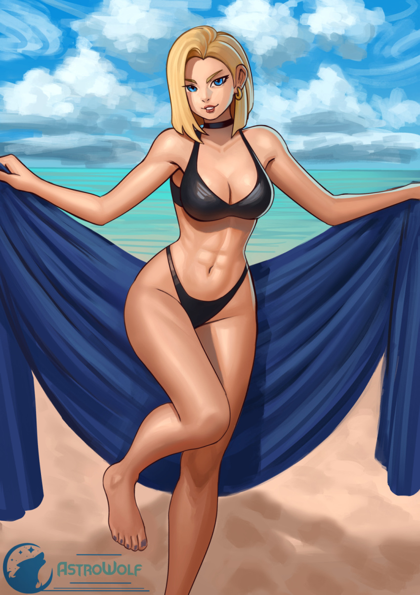 1girls abs android_18 astrowolf beach big_breasts bikini blonde_hair blue_eyes blue_nail_polish choker dragon_ball dragon_ball_z earrings exposing_self feet female female_only fit_female foot fully_clothed looking_at_viewer milf smile solo thick_ass thick_thighs tight_bikini towel wet_skin