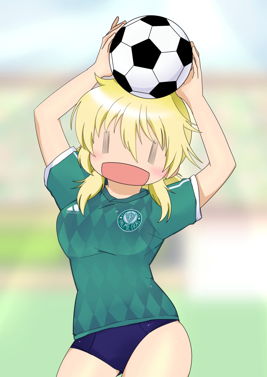 arms_up ball blonde_hair blush buruma dard_drak female hidamari_sketch long_hair looking_at_viewer miyako open_mouth palmeiras smile soccer soccer_ball soccer_uniform solo sportswear