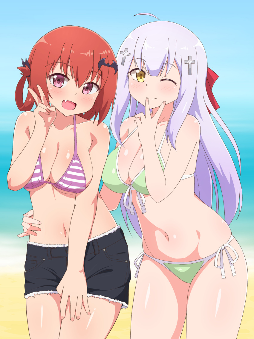 2girls bat_hair_ornament bikini blush breasts cleavage closed_mouth collarbone day gabriel_dropout green_bikini hair_ornament hair_ribbon hand_on_hip highres kurumizawa_satanichia_mcdowell large_breasts long_hair multiple_girls navel nyaroon ocean oerba_yun_fang one_eye_closed open_mouth outdoors purple_eyes purple_hair raphiel_shiraha_ainsworth red_hair ribbon satanichia_kurumizawa_mcdowell shiny shiny_hair shiny_skin shiraha_raphiel_ainsworth shorts side-tie_bikini sky smile striped striped_bikini swimsuit v yellow_eyes