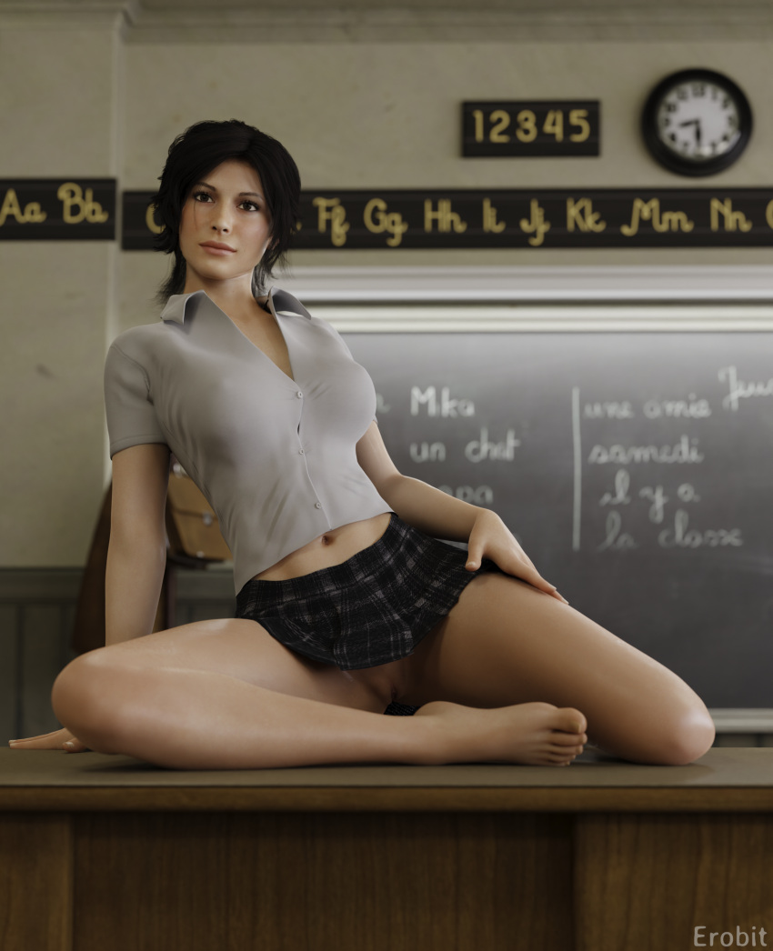 1girls 3d big_breasts breasts brown_eyes brown_hair chalkboard classroom clothing desk erobit female female_only going_commando hairless_pussy human lara_croft lara_croft_(survivor) large_breasts looking_at_viewer on_desk pussy school_uniform schoolgirl shaved_pussy shirt skirt tomb_raider tomb_raider_(survivor) upskirt vagina