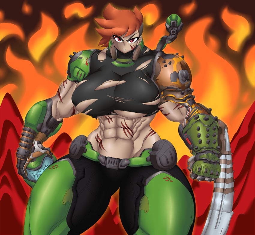 1girls abs ass_bigger_than_breasts ass_bigger_than_head breasts_bigger_than_head doom doom_slayer_(doom) female female_only genderswap huge_breasts hyper_ass hyper_breasts kailyn lynkai muscular_female rule_63 scar tagme torn_clothes