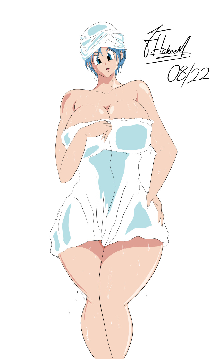 1girls after_shower bare_shoulders big_breasts blue_eyes blue_hair bulma_briefs cleavage dragon_ball dragon_ball_super dragon_ball_z female female_only hakeem89 hi_res highres light-skinned_female light_skin looking_at_viewer married_woman mature_female milf mother solo thick_thighs towel towel_on_head towel_only wet wife