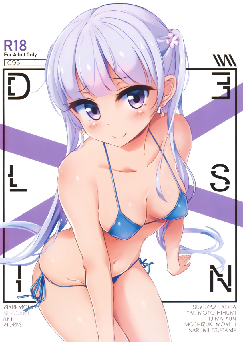 absurdres arm_support bikini blue_bikini blush breasts cleavage closed_mouth cowboy_shot earrings female hair_ornament highres jewelry light_purple_hair long_hair looking_at_viewer navel new_game! nitro_(mugityaoisii) non-web_source photoshop_(medium) purple_eyes scan side-tie_bikini simple_background sitting small_breasts smile solo string_bikini suzukaze_aoba swimsuit twintails very_long_hair white_background