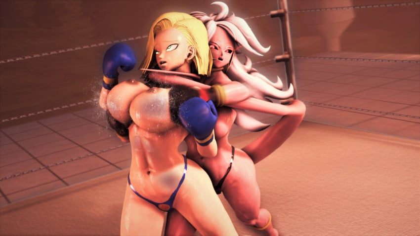 2girls 3d 3d_(artwork) android android_18 android_21 big_breasts black_boxing_gloves black_gloves blue_boxing_gloves blue_gloves boxing boxing_gloves boxing_ring breasts catfight choking dragon_ball duo female female_only fight fighting_ring fit fit_female gloves griffanz majin majin_android_21 mostly_nude muscles muscular muscular_female nipples smothering thick thick_hips thick_thighs topless_boxing wide_hips